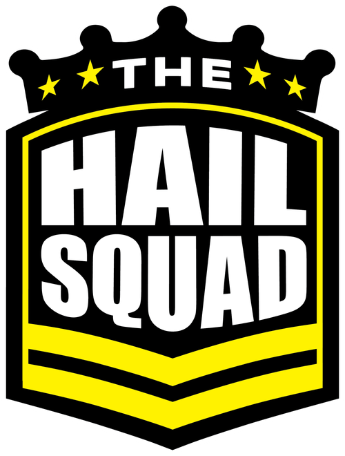 The logo boasts a regal crown design, five stars, and bold text reading "THE HAIL SQUAD" in black and white, accented with yellow stripes. It exudes a sense of homegrown pride and reliability.