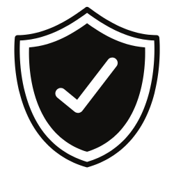 A black shield icon with a check mark in the center symbolizes home security and verification.