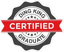 Badge with the text "Ding King Certified Graduate" in black on a circular design, featuring "Certified" in bold white letters on a red banner across the middle. A testament to expertise in dent removal and paintless dent repair.