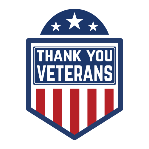 Badge design by The Hail Squad featuring the text "Thank You Veterans" with three stars above. The lower section boasts red and white vertical stripes.