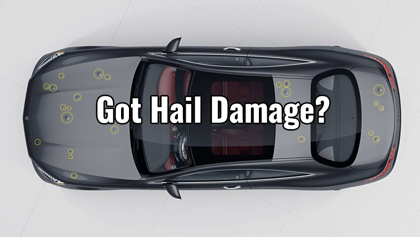 Overhead view of a car parked in front of a home with highlighted hail damage areas and the text "Got Hail Damage?" in bold across the center.