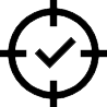 A black crosshair symbol with a check mark in the center on a white background, representing precision in hail damage repair services.